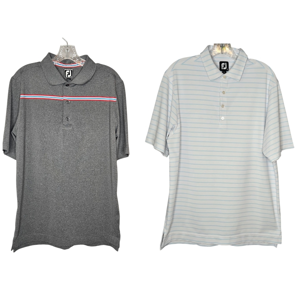 2‎ Bundle Lot Footjoy Golf Polos Mens Medium Gray W/ Red White Blue - White Blue